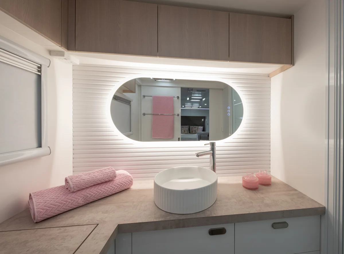 Drive RV Alpha Edition Touring bathroom vanity with pink styling